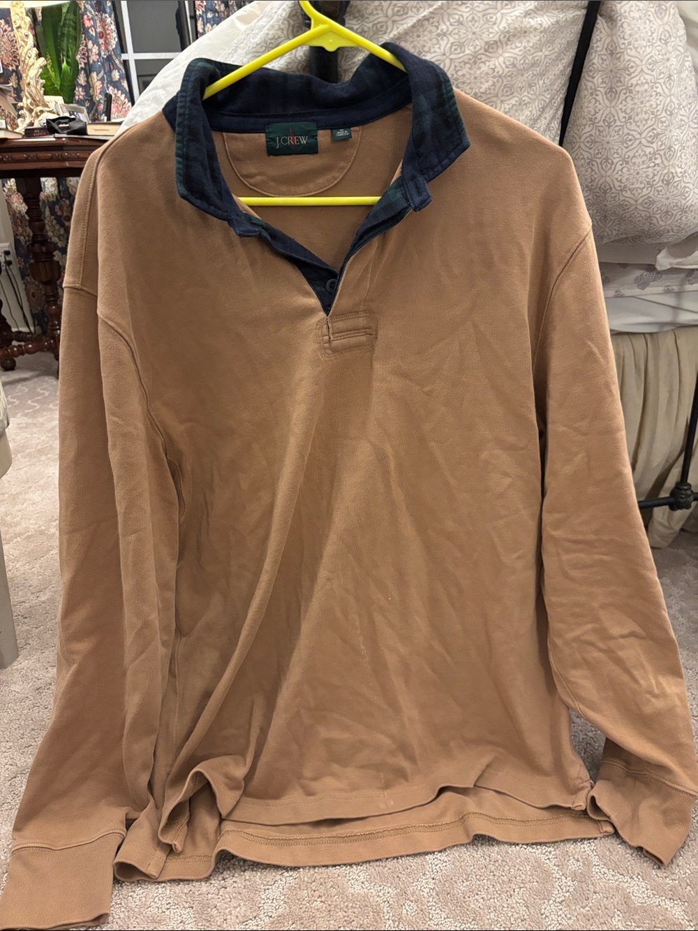 J. Crew Men's Tan Rugby Pullover with Navy Plaid Collar